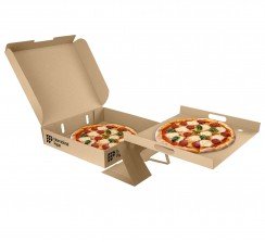 Twin pizza box cuenta con un diseño que facilita el transporte de dos pizzas en el espacio de una.